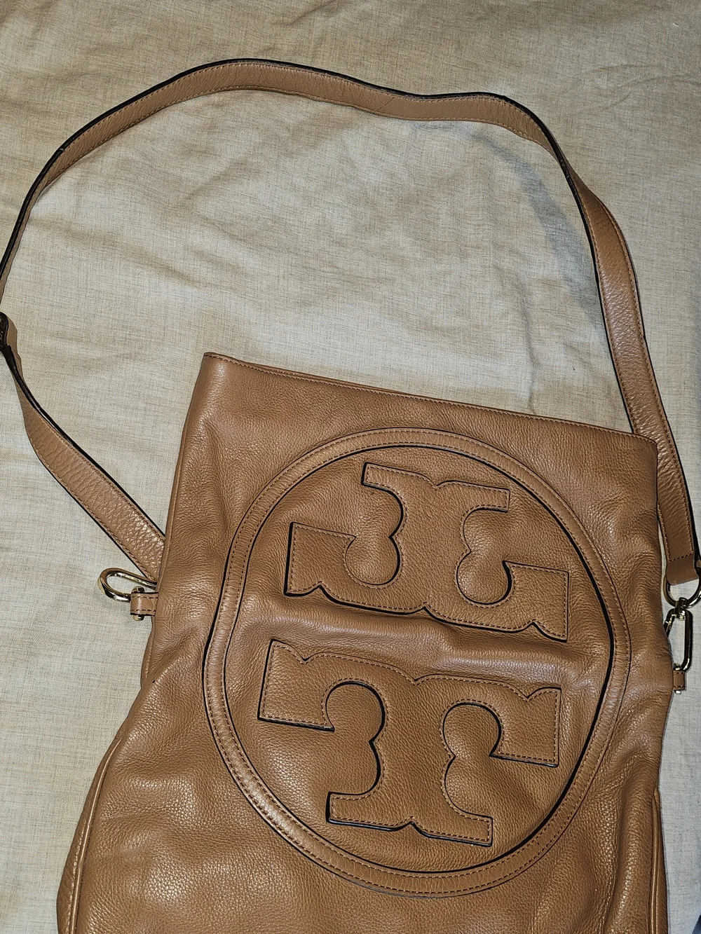 🤎Tory Burch Amanda Tan Brown Leather Logo Shoulder Hobo Bag Large